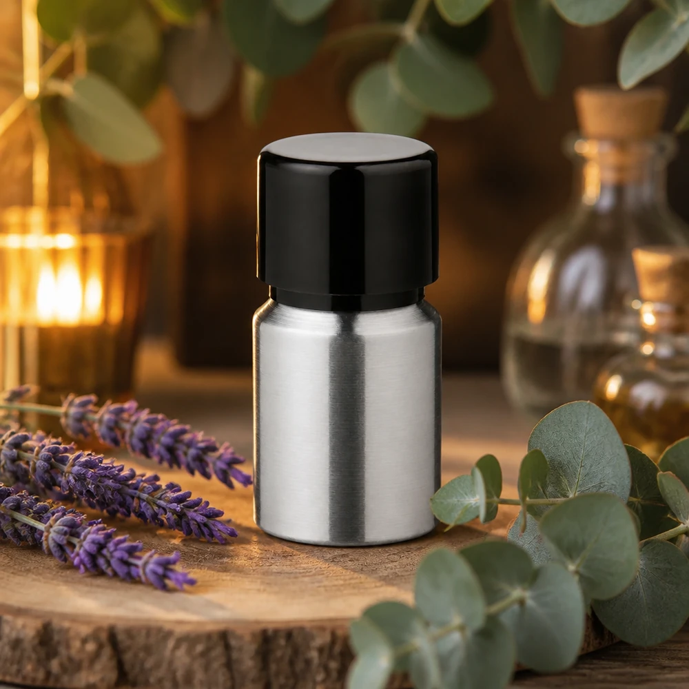 Flacone riutilizzabile in alluminio da 10 ml con un elegante look lucido per i cosmetici fai da te