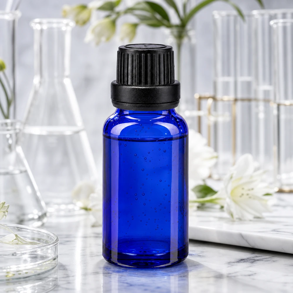 Flacone contagocce blu da 10ml OV nero/2mm ApoGlas Flacone farmaceutico da 10 ml di colore blu cobalto con tappo OV a prova di bambino e dosatore a gocce di precisione da 2 mm