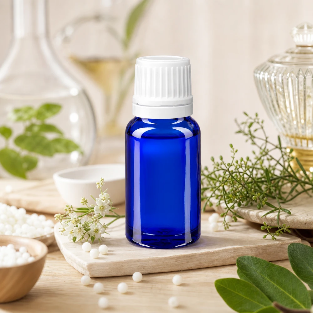 Flacone contagocce ApoGlas blu da 10 ml con tappo di sicurezza per bambini bianco, tra le erbe medicinali
