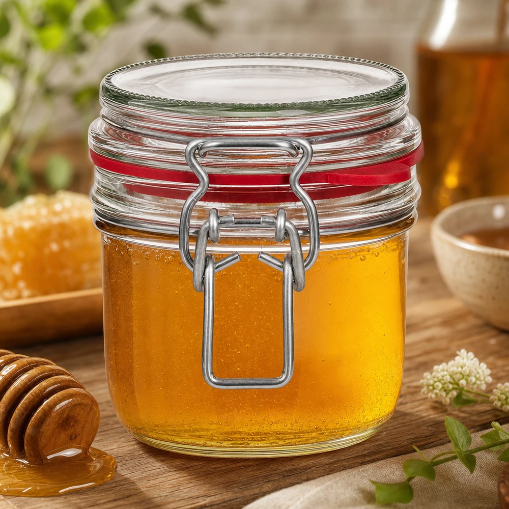Barattolo da 255 ml, tipo G, con tappo a clip UN.. 255ml Einmachglas mit Bügelverschluss gefüllt mit goldenem Honig neben Honiglöffel auf natürlichem Holztisch