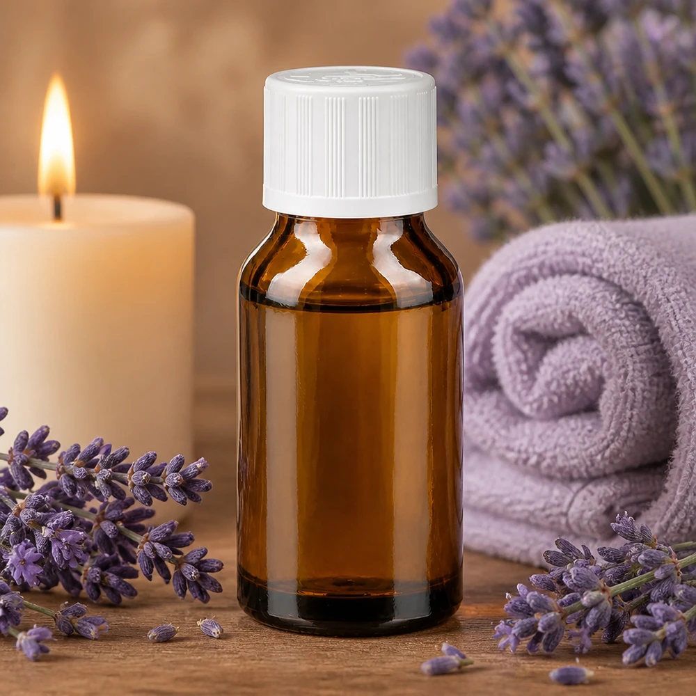 Olio di lavanda in flacone ApoGlas da 30 ml in vetro ambrato con contagocce bianco da 1,2 mm e tappo di sicurezza per bambini