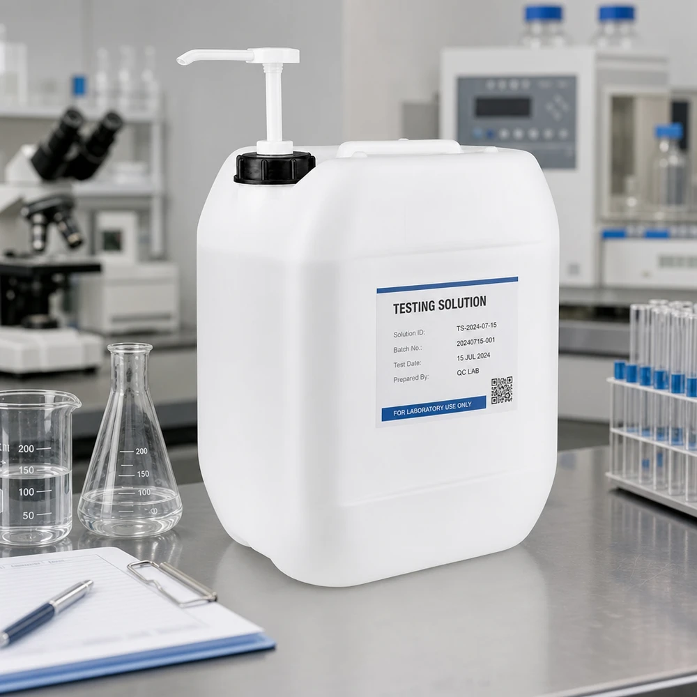 Tanica bianca da 10 litri con pompa su un tavolo in acciaio inossidabile accanto a un matraccio di Erlenmeyer in laboratorio