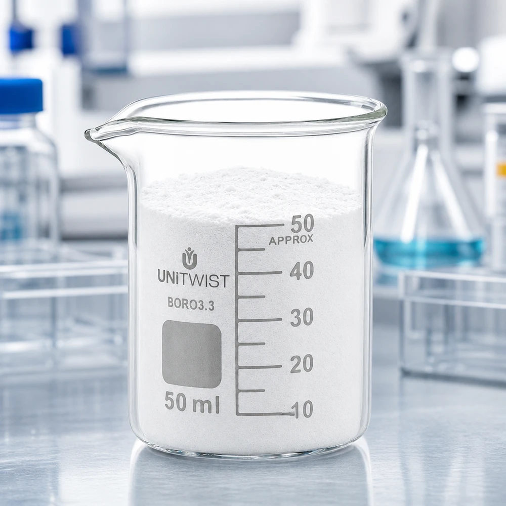 Becher da 50 ml riempito fino all'orlo con polvere bianca UNiTWIST, modello basso da laboratorio