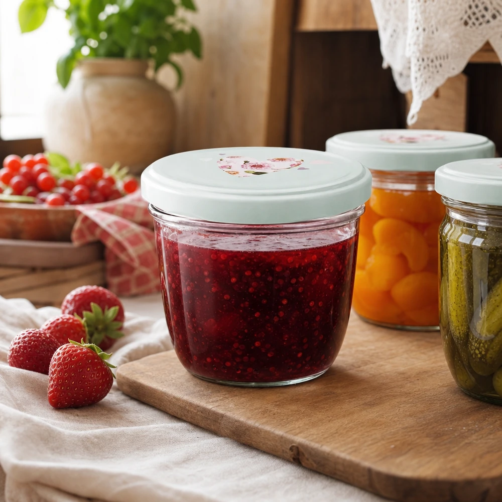 Bicchieri da 230 ml + coperchio BasicSeal cuore menta UNiTWIST Marmellata di fragole in barattolo da 230 ml con coperchio BasicSeal cuore di menta, marmellata fatta in casa accanto a fragole fresche