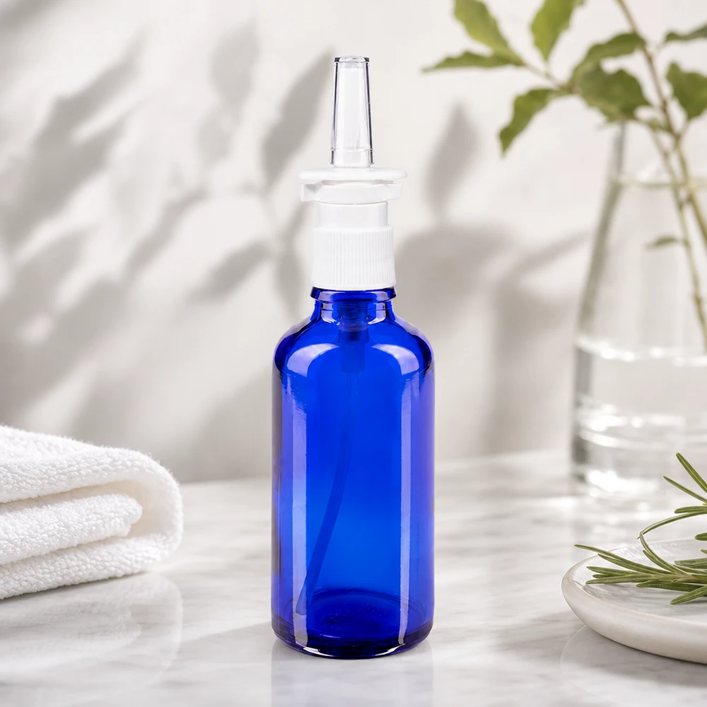 Flacone di vetro blu da 50 ml con beccuccio spray, appoggiato su marmo bianco accanto a un rametto di rosmarino