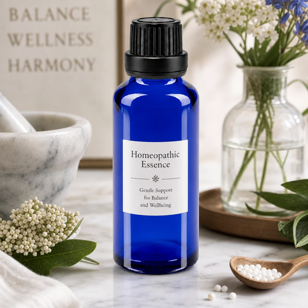 Essenza omeopatica in flacone contagocce da farmacia blu da 30 ml con inserto da 2 mm su superficie in marmo
