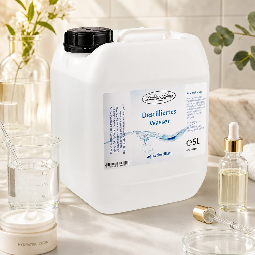 Acqua distillata 5L Doktor-Klaus Tanica di acqua distillata Doktor-Klaus da 5 l in ambiente di laboratorio cosmetico con vetreria e pipette