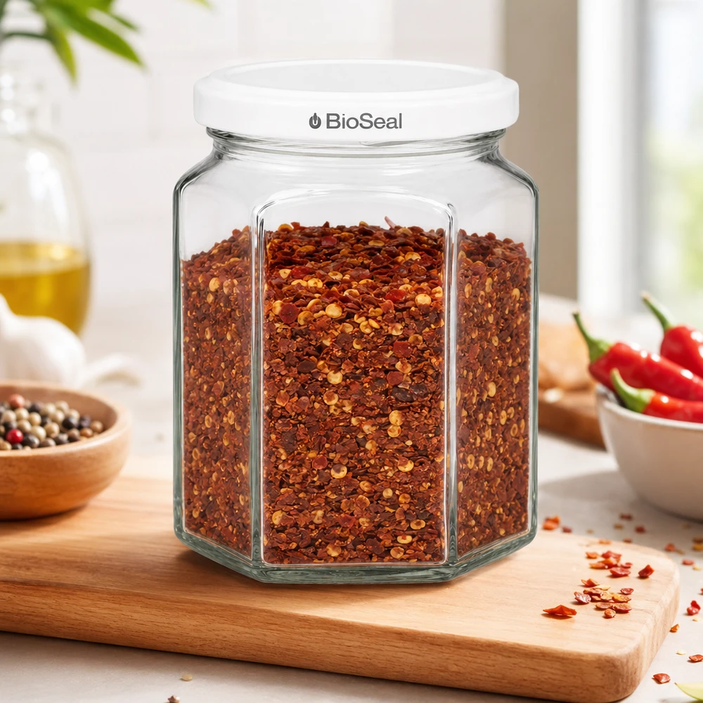 UNiTWIST Hexa288 con coperchio bianco TO63 BioSeal Barattolo per spezie UNiTWIST Hexa288 riempito di fiocchi di peperoncino e coperchio BioSeal bianco su tavola da cucina con spezie