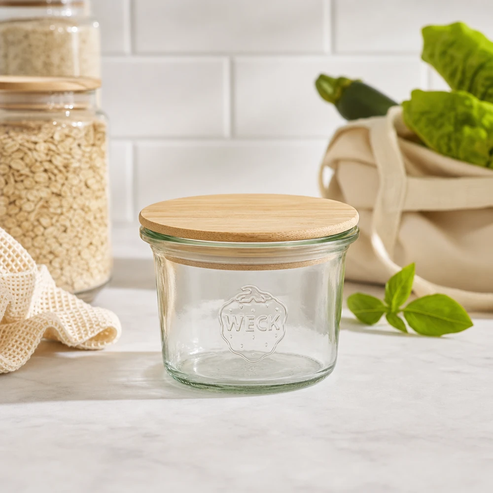Mini tumbler WECK RR40 da 35 ml con coperchio in legno WECK mini mason jar 35ml RR40 con coperchio in legno di bambù in cucina sostenibile con vasi di stoccaggio e piante verdi