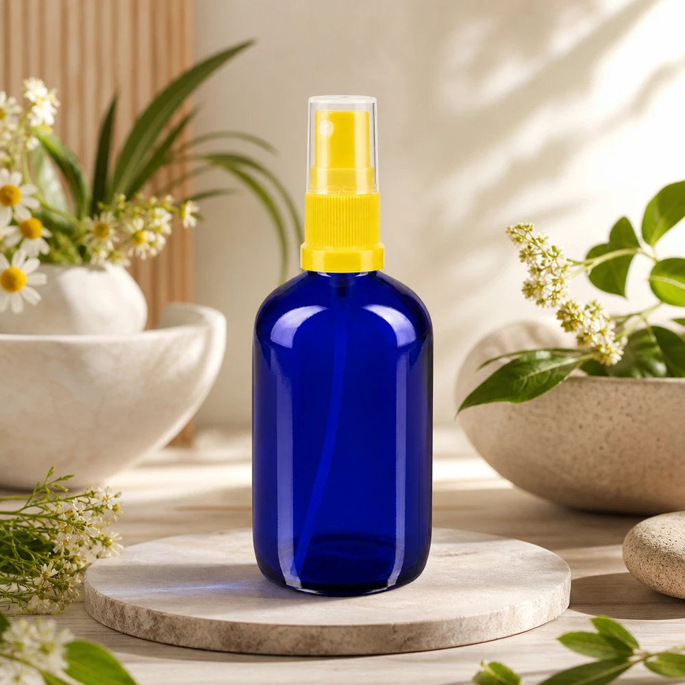 Flacone di vetro blu da 100 ml con erogatore a spruzzo giallo; protezione dai raggi UV grazie al vetro al cobalto per oli essenziali
