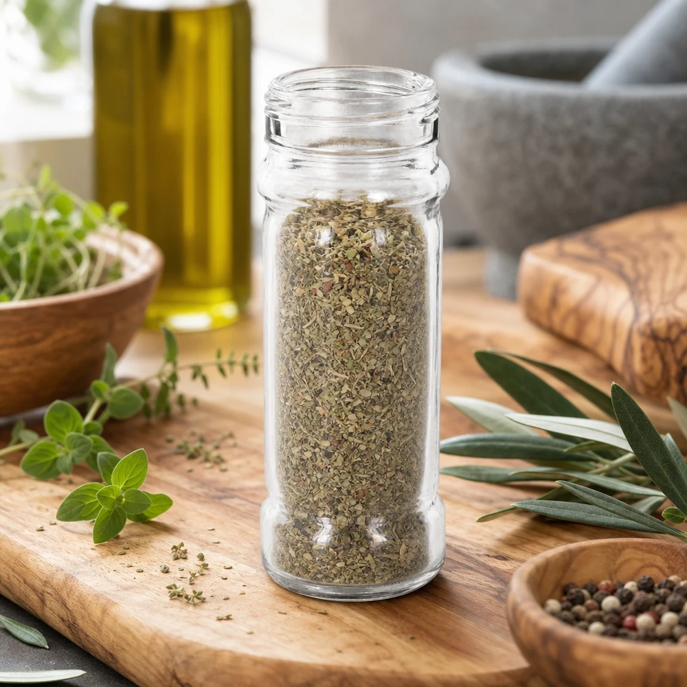 Barattolo per sale/spezie Mary 100ml, filettatura 41mm in vetro trasparente Barattolo per spezie Mary da 100 ml riempito con erbe aromatiche essiccate, su un tagliere di legno con olio d'oliva