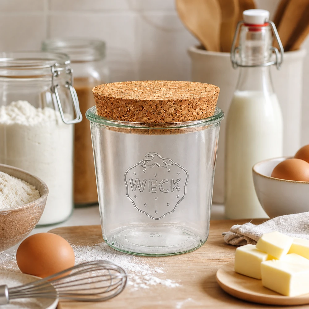 Bicchieri WECK RR100 da 580 ml con tappo in sughero naturale WECK 580ml RR100 vaso in muratura con tappo naturale in cucina per la cottura, disposto tra la farina, le uova, il burro e il latte per la cottura.