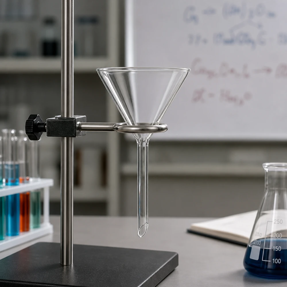 Imbuto Ø 60mm calce sodata, angolo 60°, stile corto Imbuto da laboratorio trasparente in robusto materiale di calce sodata con apertura di 60 mm per esperimenti chimici