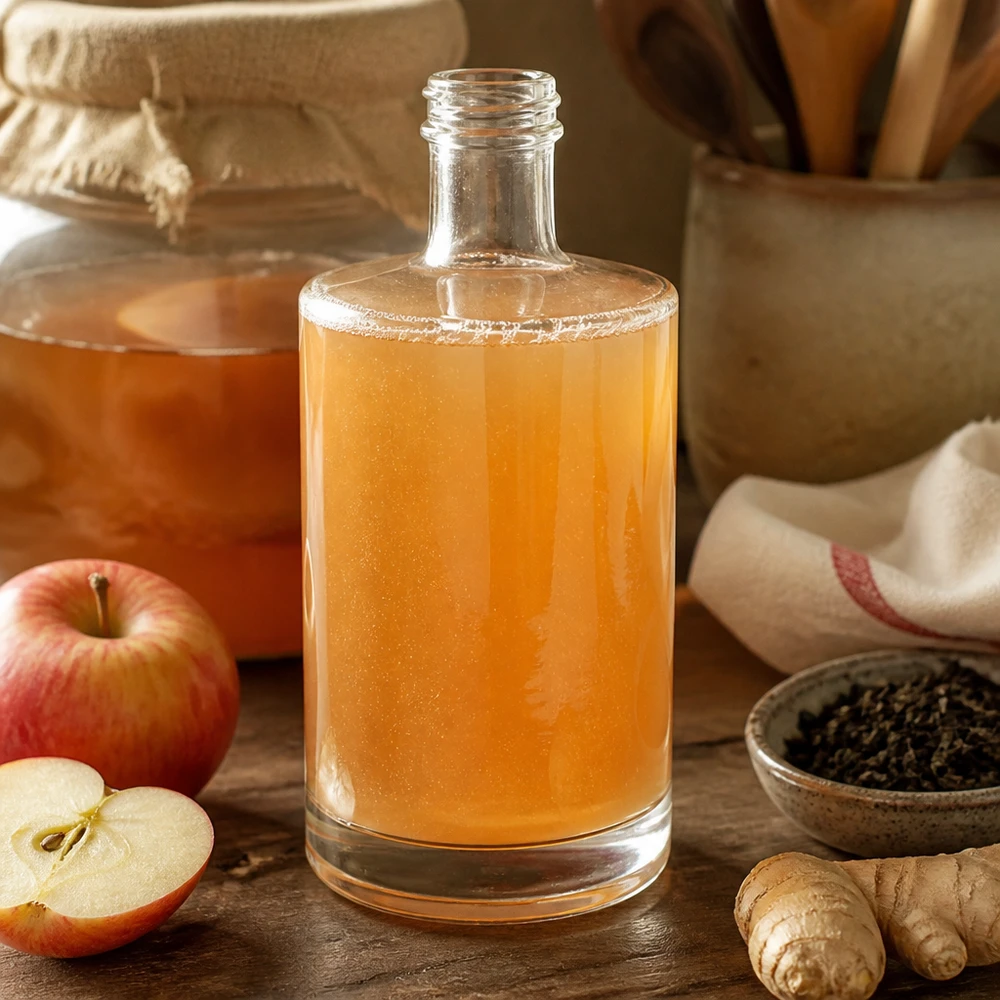 Bottiglia in vetro da 500 ml Sam senza tappo a vite UNiTWIST® 500ml Glasflasche Sam mit hausgemachtem Kombucha befüllt neben Äpfeln und Ingwer rustikale Küchen Atmosphäre