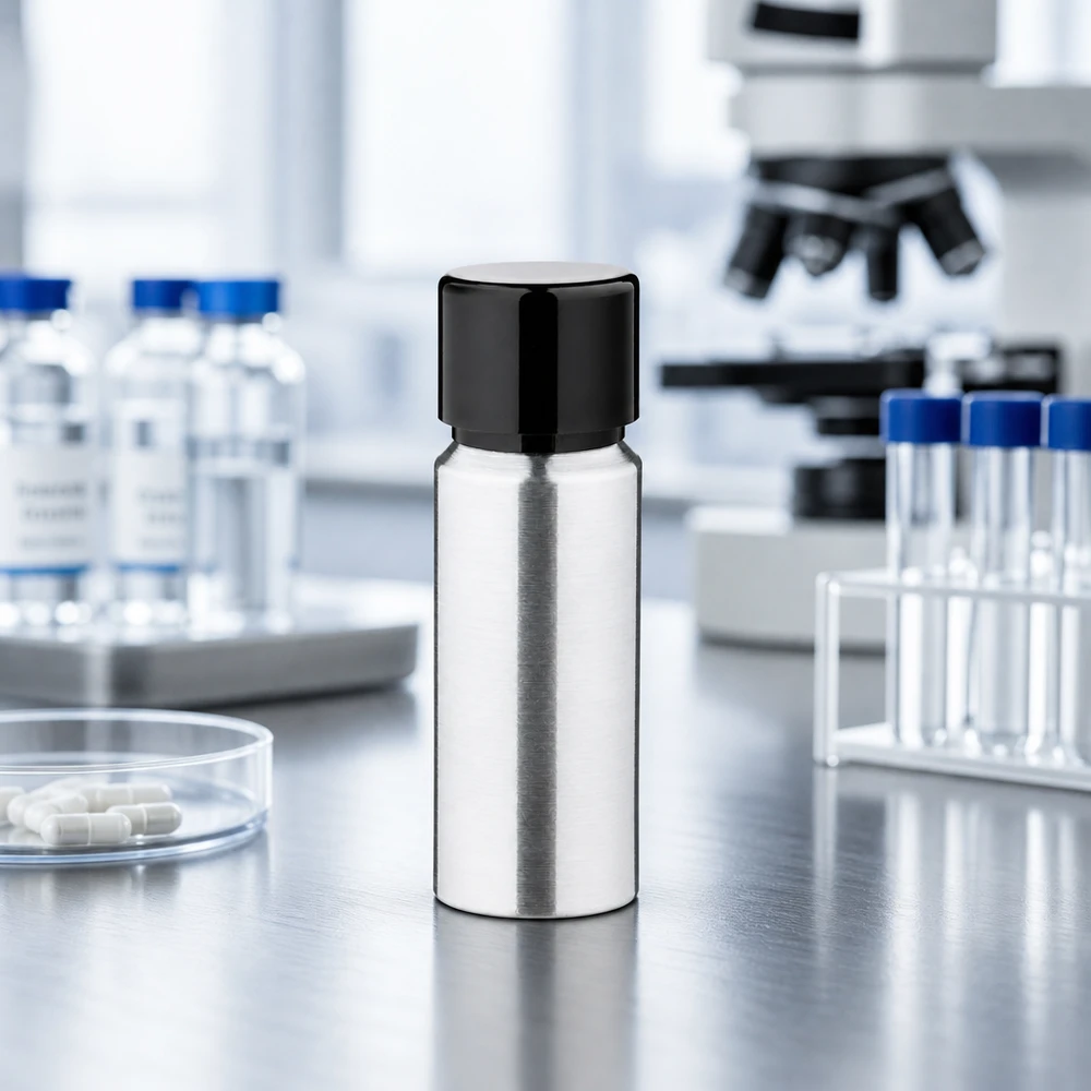 Piccolo flacone in alluminio da 20 ml in un pratico formato tascabile con tappo a vite sicuro