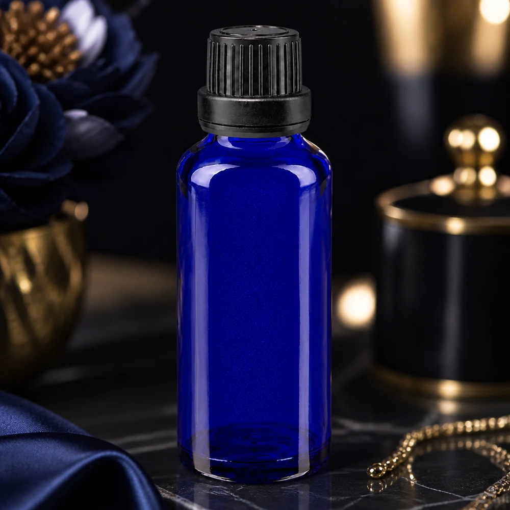 Elegante flacone da farmacia da 30 ml, blu cobalto, con tappo a vite nero da 11 mm a prova di bambino