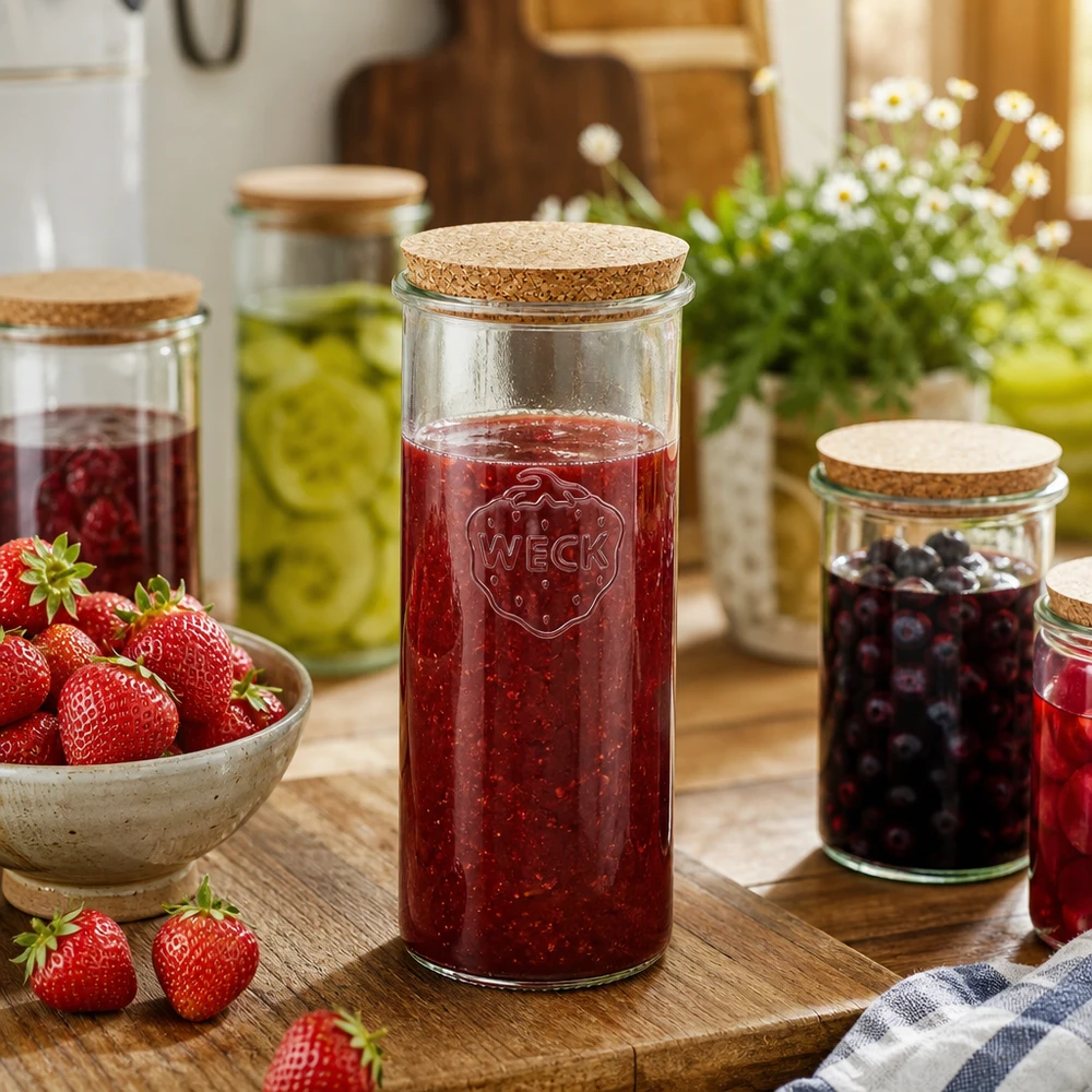 Bicchieri da 1500ml WECK RR100 con tappo in sughero naturale Barattolo WECK da 1500 ml con marmellata di fragole Ambiente cucina Coperchio in sughero naturale Barattolo per conserve Applicazione