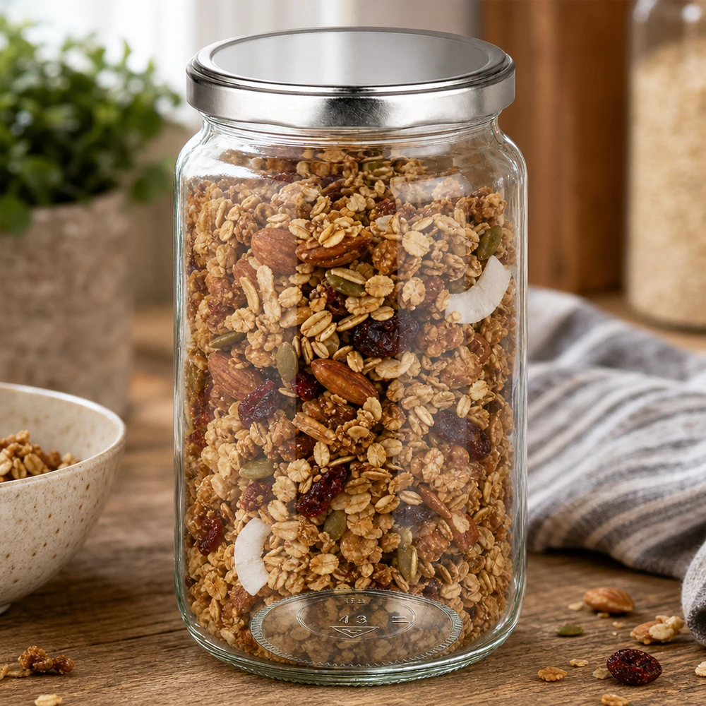 Barattolo rotondo da 795 ml con coperchio BasicSeal argento UN... Il barattolo rotondo da 795 ml riempito di muesli e noci mostra l'uso pratico come barattolo per la conservazione degli alimenti