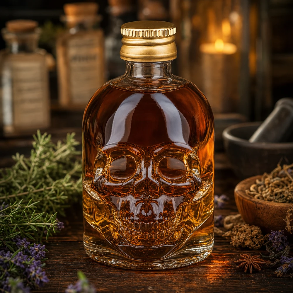 Bottiglia in vetro da 50 ml Hector con tappo a vite oro UNiTWIST® Flacone da 50 ml in vetro con design a teschio di Hector, spezie ed erbe e illuminazione d'ambiente simile a quella di un'apoteca.