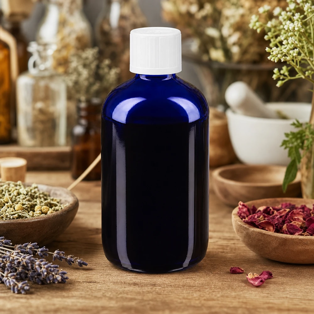 Flacone da farmacia blu da 100 ml con contagocce, tra erbe essiccate e fiori