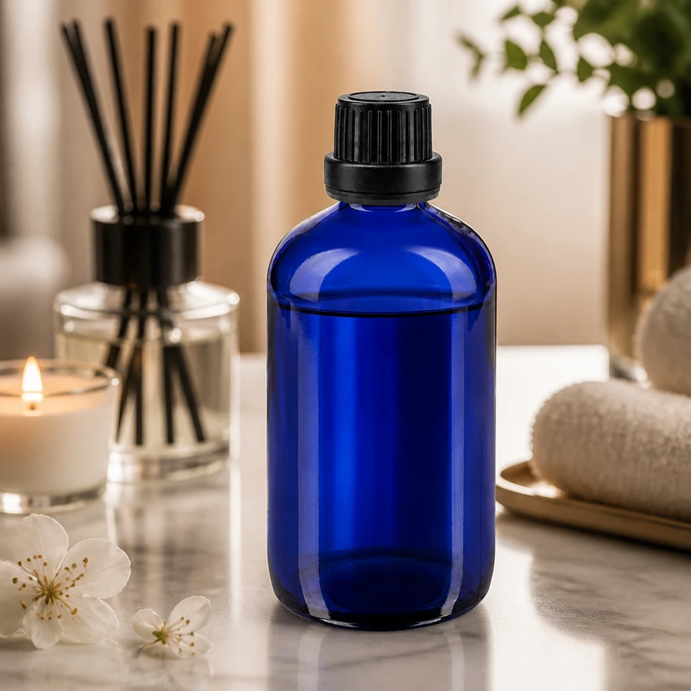 Flacone da farmacia da 100 ml blu cobalto con tappo di sicurezza nero su fondo marmorizzato