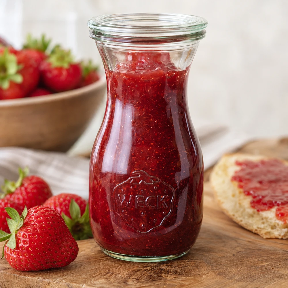 Bottiglia di succo WECK 290ml RR60 riempita di marmellata di fragole rosse accanto a fragole fresche e pane su una tavola di legno