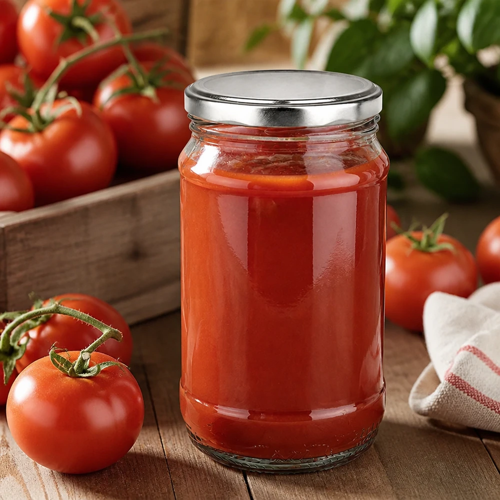 Piccolo barattolo da 370 ml con coperchio di sicurezza in metallo, riempito con sugo di pomodoro dal gusto fruttato