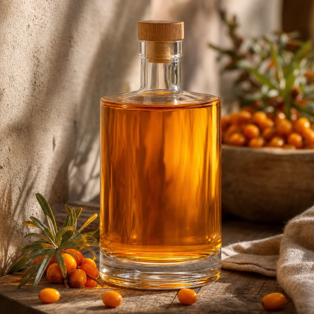Bottiglia in vetro da 700 ml Marie con tappo in sughero con impugnatura in legno UNiTWIST® Bottiglia di vetro da 700 ml di Marie con contenuto ambrato accanto all'olivello spinoso e decorazione rustica in luce calda