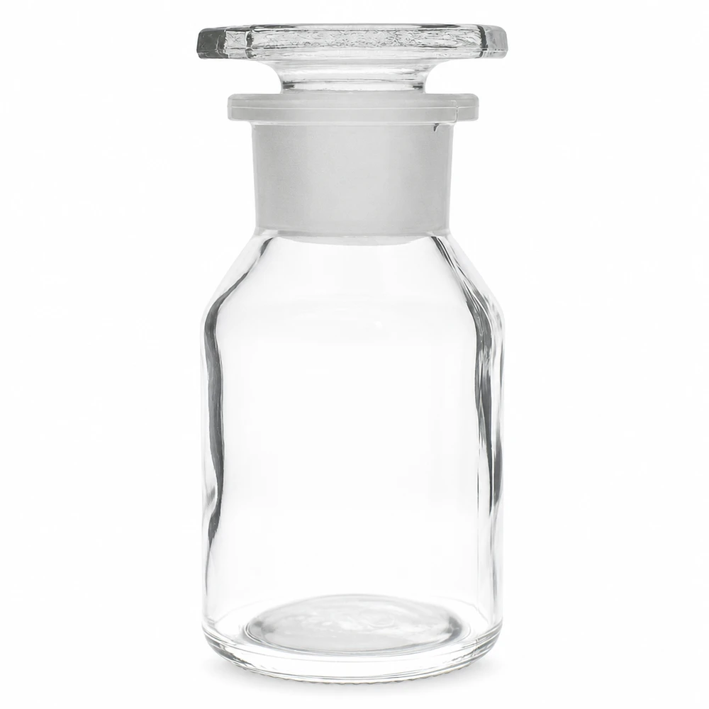 Bottiglia a collo alto 50ml trasparente a collo largo in vetro con tappo Fiaschetta a collo largo e fondo bombato, 50 ml, trasparente, con tappo in vetro molato, per prodotti chimici da laboratorio