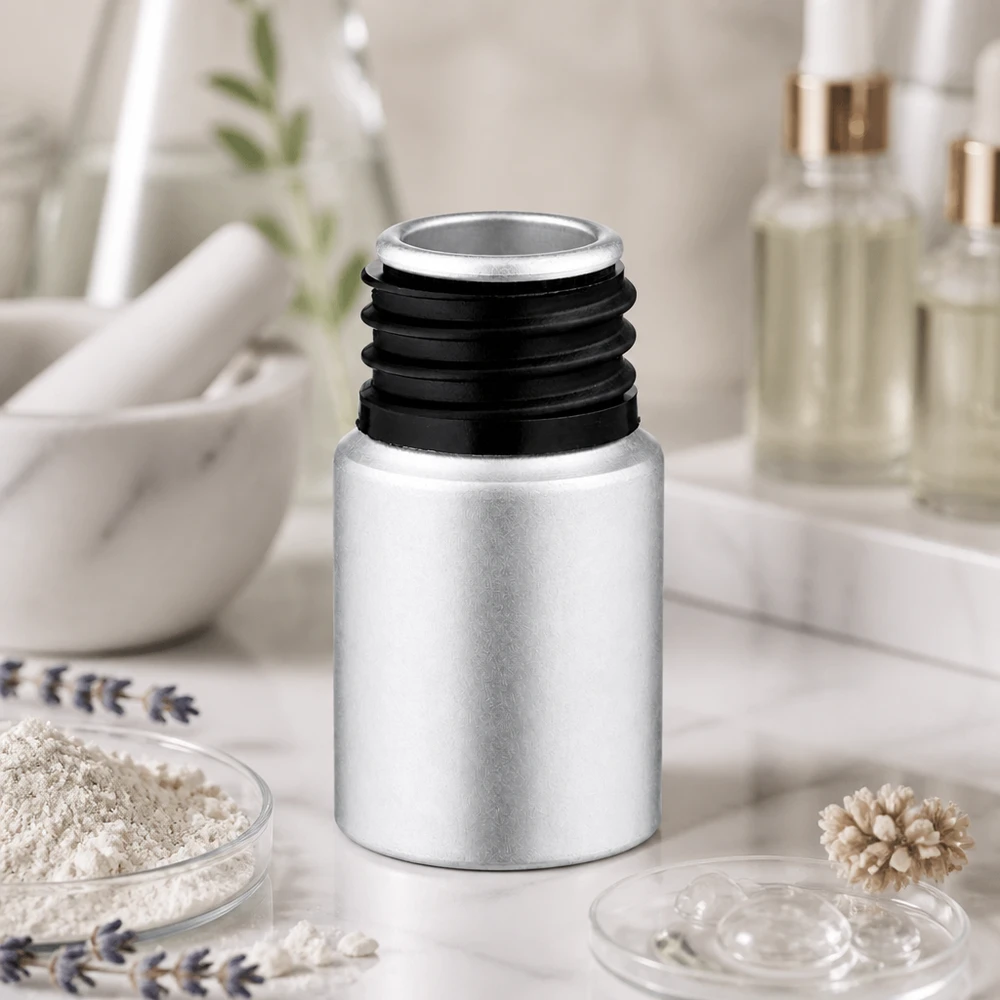 Flacone in alluminio colorato da 10 ml in elegante argento per la produzione di cosmetici professionali