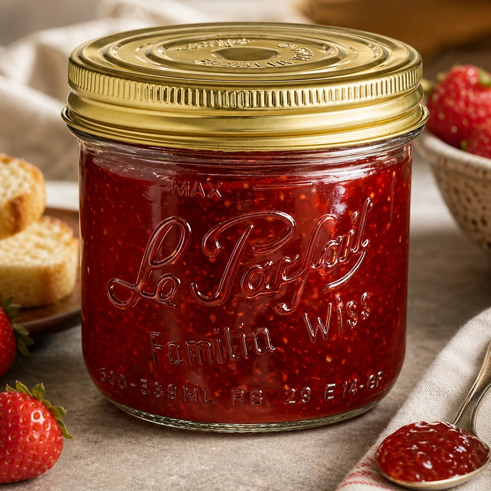 Vasetto Familia Wiss da 539 ml con coperchio dorato riempito di marmellata rossa accanto a fragole fresche e pane