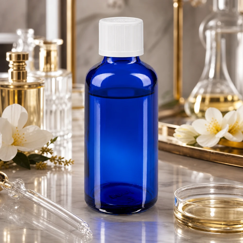Flacone di vetro blu da 50 ml con tappo contagocce bianco su una superficie di marmo, accanto a un pallone da laboratorio e a fiori di gelsomino