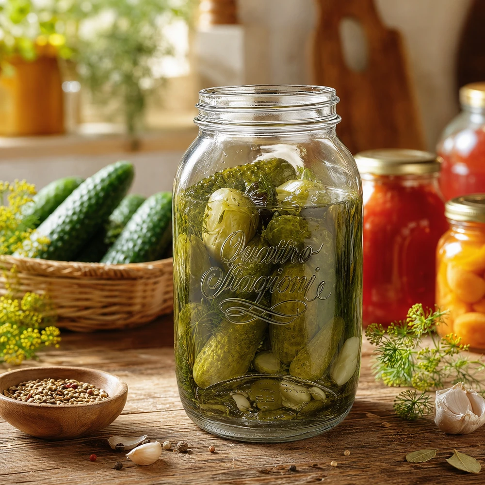 Barattolo casalingo Quattro Stagioni da 1500 ml pieno di cetriolini sott'aceto su un tavolo di legno con ingredienti freschi