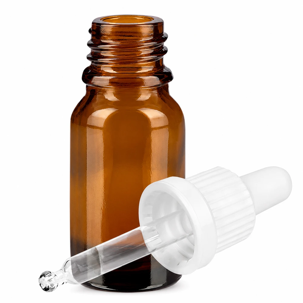 Flacone per pipette da 10 ml bianco OV BrownLine UT18/10 Flacone in vetro marrone da 10 ml con pipetta e tappo bianco per uso di laboratorio e cosmetico