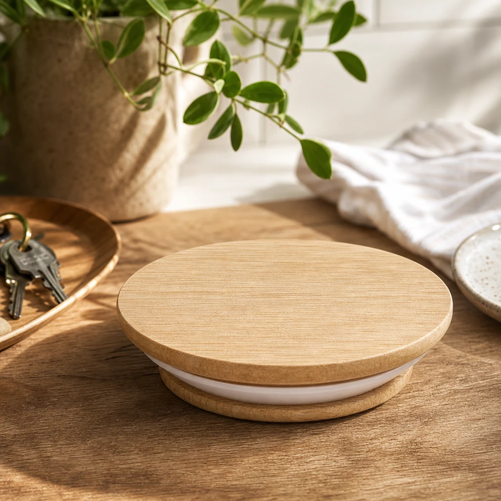 Coperchio in legno WECK RR40 Quercia su tavolo in legno Ambiente di vita con piante e decorazioni Accessori da cucina naturali per la vita