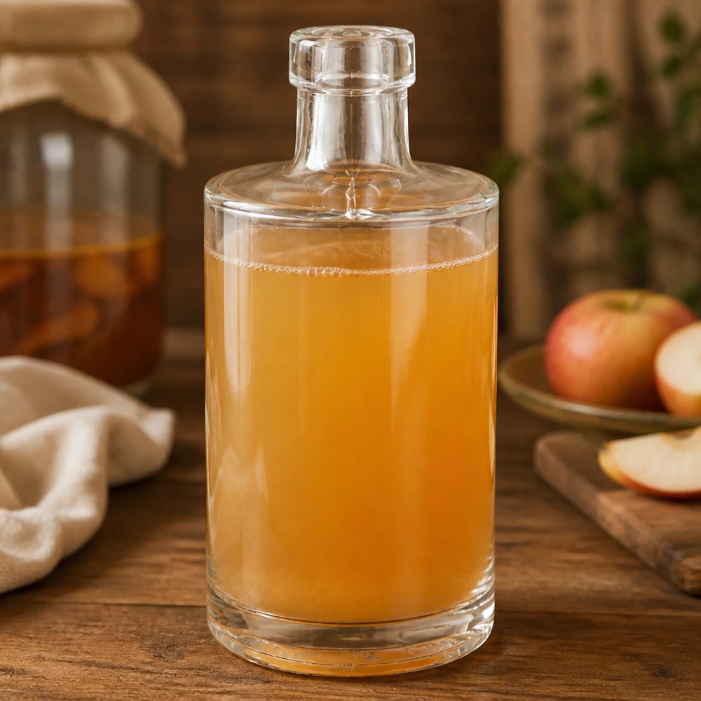 Bottiglia in vetro da 350 ml Marie senza tappo UNiTWIST® 350ml bottiglia di vetro Marie riempito con succo di mela rustico decorato mele fresche tavolo di legno naturalezza Immagine 8 di 10