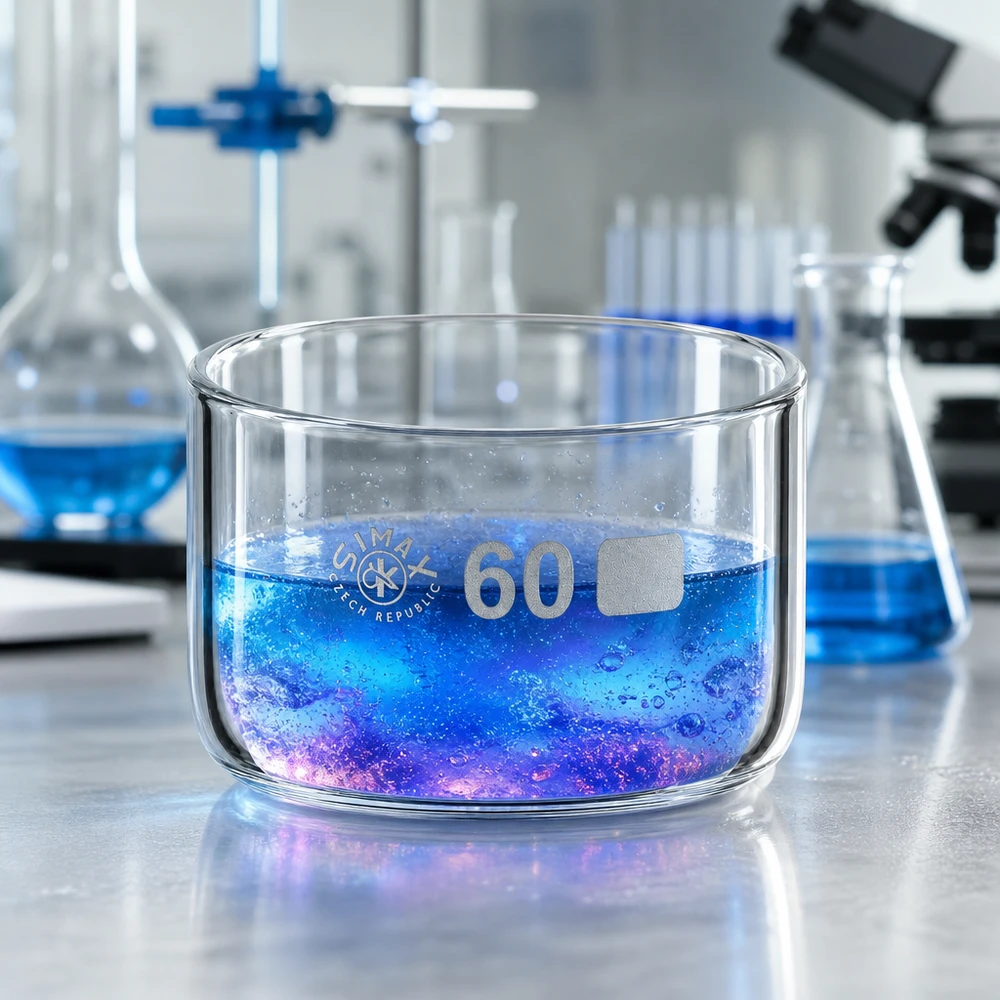 Bicchiere per cristallizzazione da 60 ml senza beccuccio Bo.. ø60mm Vaschetta di cristallizzazione ø 60 mm, 60 ml, con liquido di reazione blu-viola su un tavolo da laboratorio
