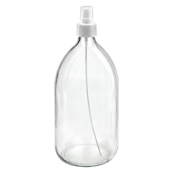 Flacone per medicinali da 1000ml trasparente, con atomizzatore a pompa bianco ApoGlas Flacone per medicinali da 1000ml trasparente, con atomizzatore a pompa bianco ApoGlas