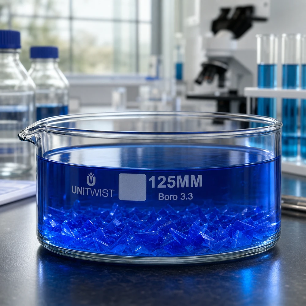 Piatto per cristallizzazione ø125mm in vetro borosilicato UNiTWIST Vaschetta di cristallizzazione da 125 mm UNiTWIST Boro 3.3 con cristalli blu in soluzione blu - Vista da laboratorio