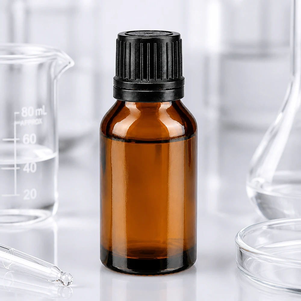 Flacone da farmacia da 15 ml in vetro ambrato con tappo contagocce nero e apertura di precisione da 1 mm, realizzato in laboratorio