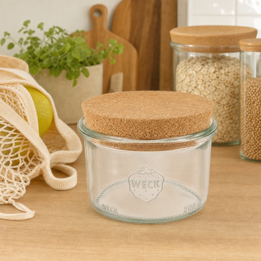 Bicchieri da 200 ml WECK RR80 con tappo in sughero naturale WECK 200ml RR80 mason jar con coperchio in sughero in cucina sostenibile a spreco zero tra vasi e sacchi di juta