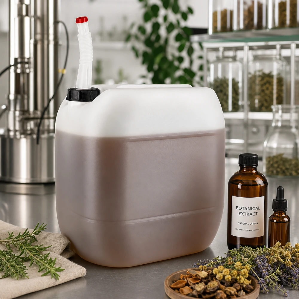 Estratto botanico in tanica da 30 litri con tubo di scarico flessibile per la produzione di cosmetici naturali