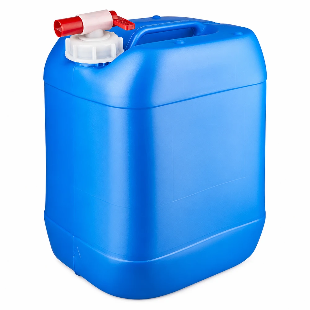 Tanica in plastica blu da 20 litri con rubinetto rosso e tappo a vite bianco