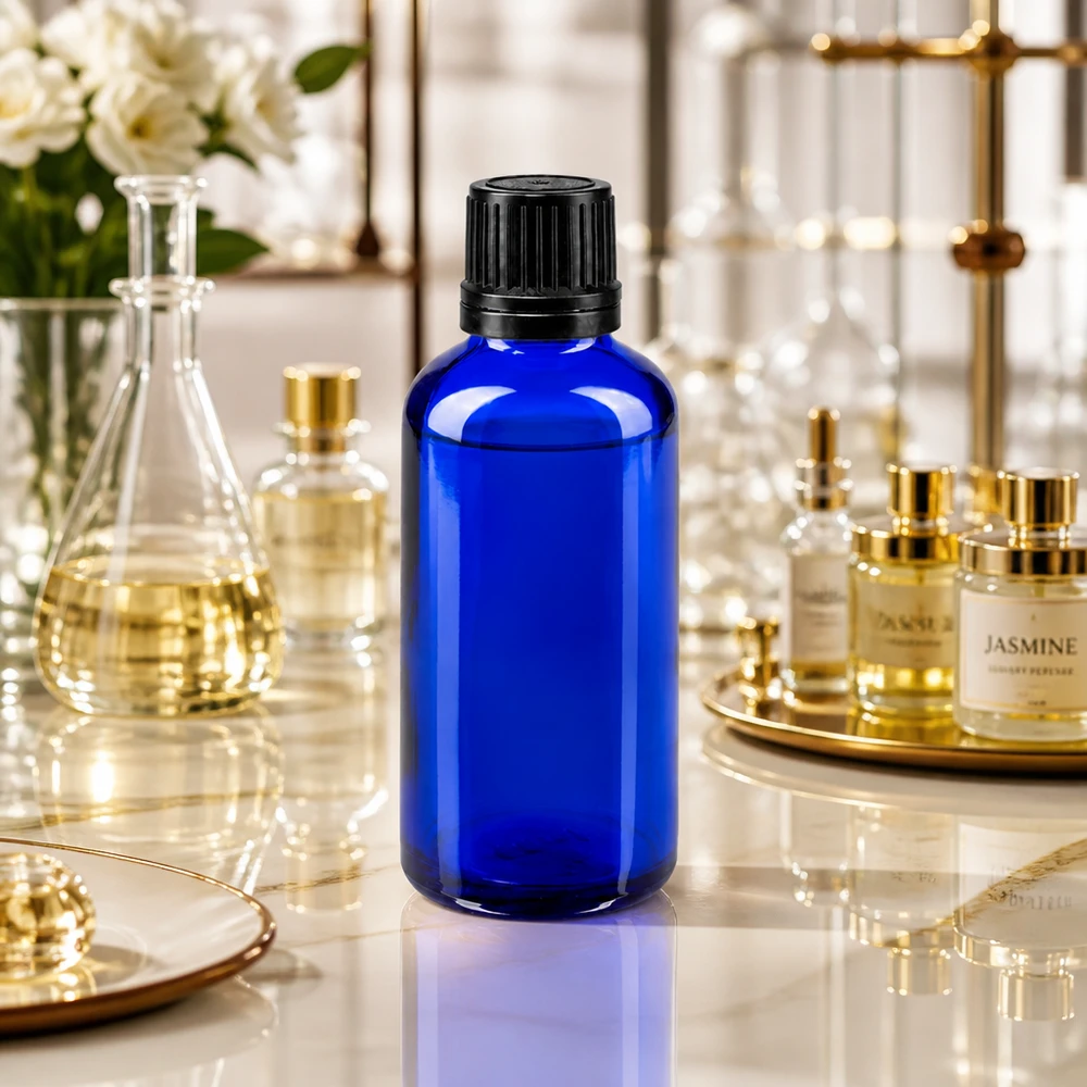 Flacone 50ml blu (Glo.)GR OV nero/8mm ApoGlas Flacone da farmacia blu da 50 ml con tappo OV nero contenente un profumo al gelsomino in un ambiente da laboratorio