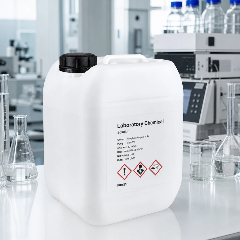 Tanica 5 litri con tappo a vite OV Contenitore da laboratorio rettangolare da 5 L con simboli di pericolo GHS ed etichetta indicante i reagenti analitici