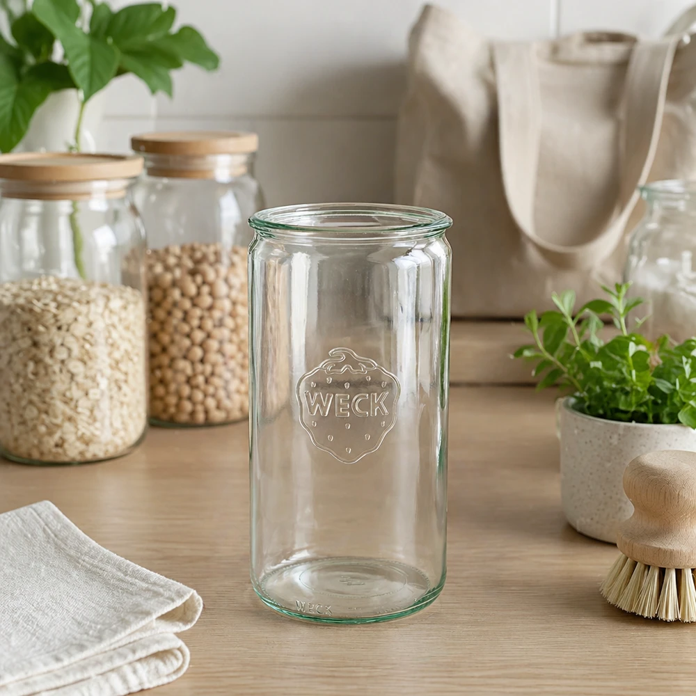 Barattolo cilindrico in vetro WECK RR100 da 1590 ml Vaso cilindrico WECK 1590ml RR100 trasparente in cucina sostenibile a spreco zero con vasi di stoccaggio e materiali naturali