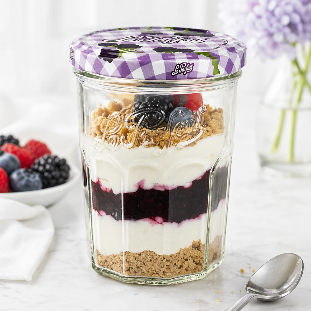 I tumbler Le Parfait da 385 ml riempiti con dessert a strati di frutti di bosco mostrano un uso versatile come bicchiere da dessert