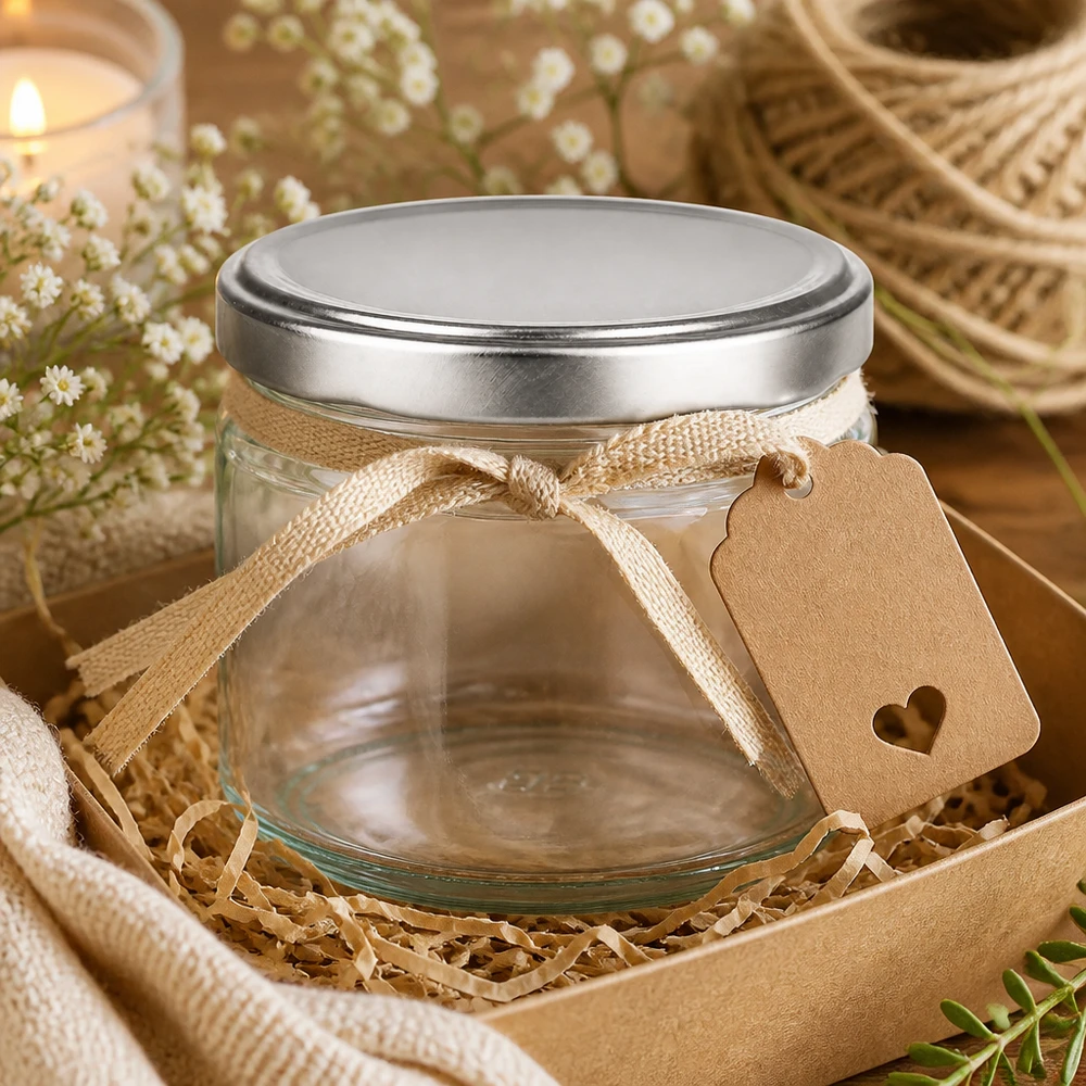 Barattolo rotondo da 330 ml con coperchio BasicSeal argento UN.. Barattolo rotondo da 330 ml con coperchio BasicSeal argentato in regalo, decorato con fiocco ed etichetta in confezione regalo