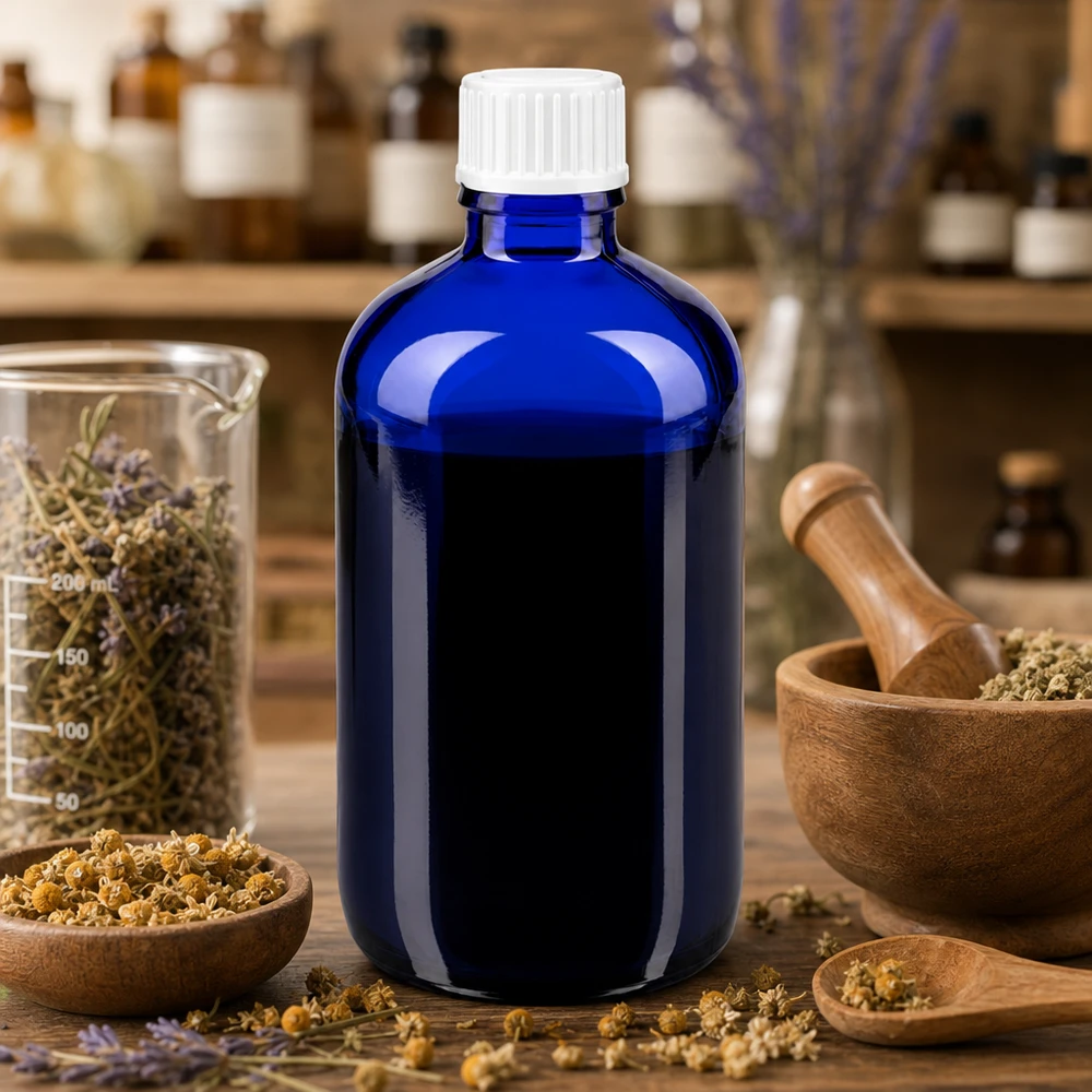 Flacone medicinale blu da 100 ml in vetro con protezione UV, con tappo a vite bianco, tra le erbe medicinali