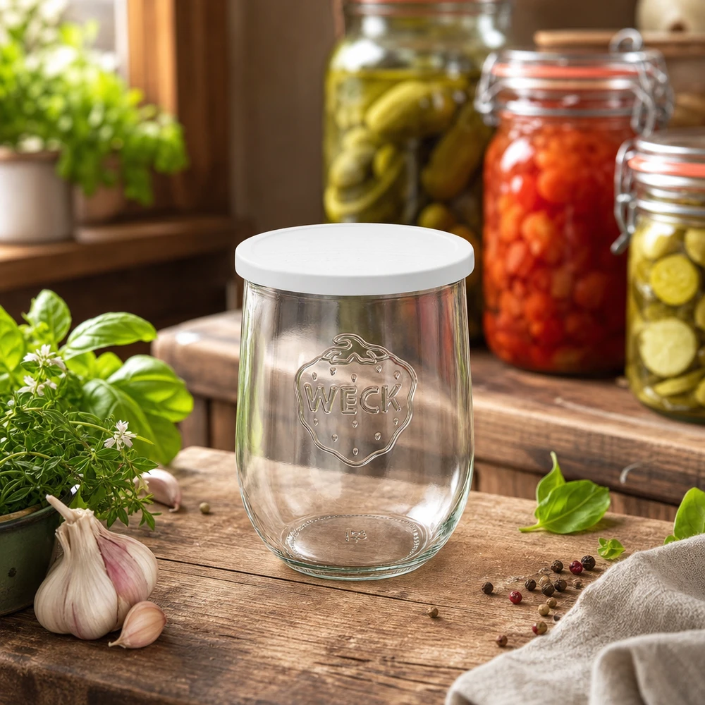 Vaso a tulipano WECK 1062ml in cucina con verdure sottaceto ed erbe fresche disposte in modo decorativo
